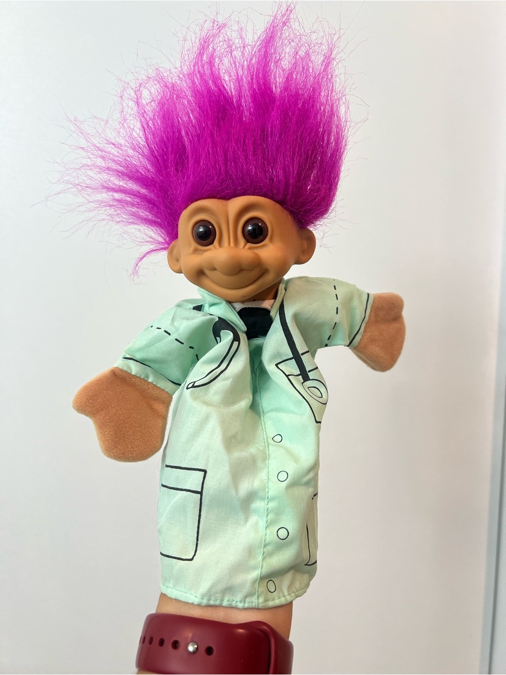 Vintage Russ Plush Hand Puppet doctor Troll w/ Bright Hair & Mint Outfit